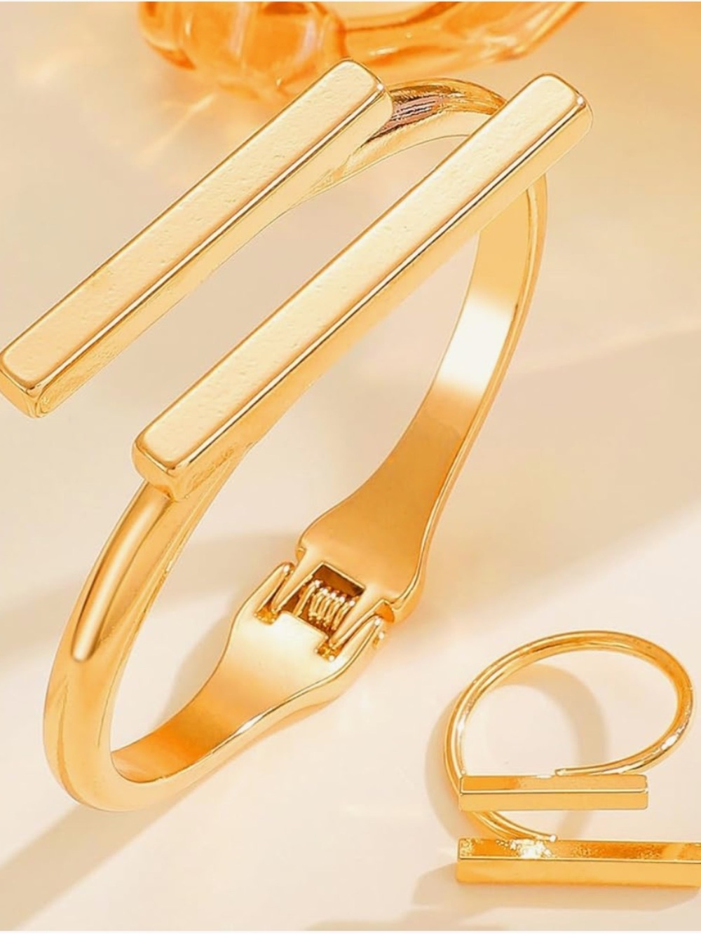 Architectural Parallel Bar Open Cuff Bracelet and Adjustable Ring Set - Picture 5 of 6